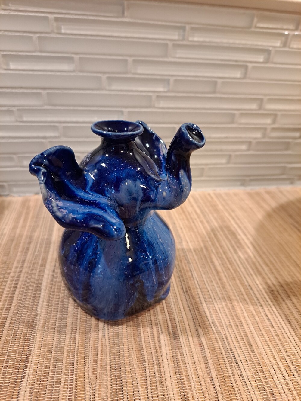 Deep Blue Elephant Handmade Drip Glazed Signed D. Yager. Trunk Up